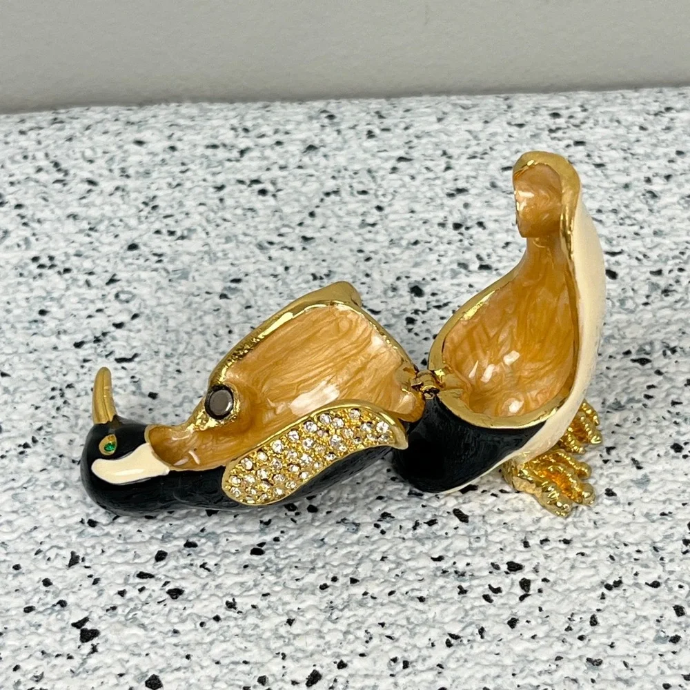 Penguin Trinket Box‎ Enameled Metal Rhinestone Hinged Collectible